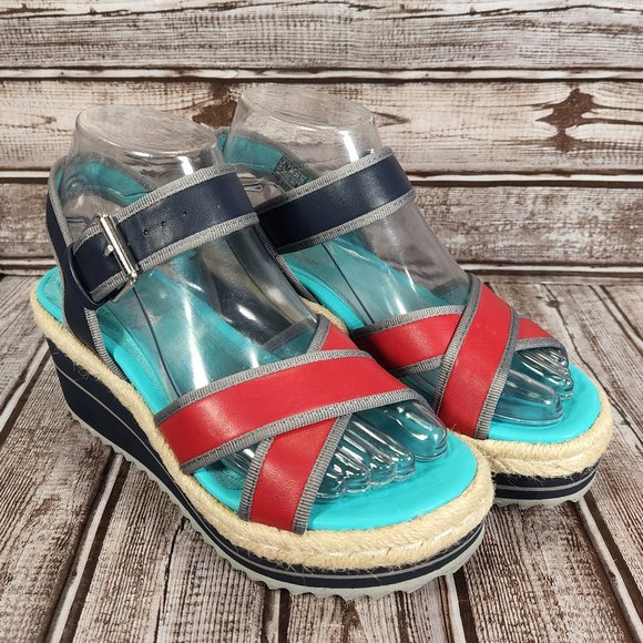 Skechers Shoes - SKECHERS HEARTBREAKER Memory Foam Women's 6 Wedge Sandal Shoe Buckle Blue Red